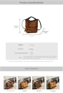 Detailed size parameters and material specifications for vintage suede bucket bag