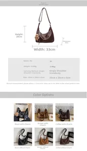 Detailed size chart and material specs for the vintage PU leather shoulder bag