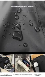 Waterproof travel bag details showing independent shoe compartment and dry-wet separation