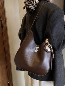 Vintage dark brown PU leather hobo bag with silver lock and leopard print charm