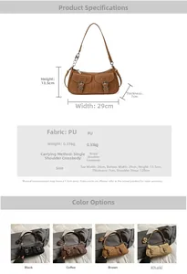 Detailed dimension chart showing the retro underarm bag size 29x13.5x7cm in various colors