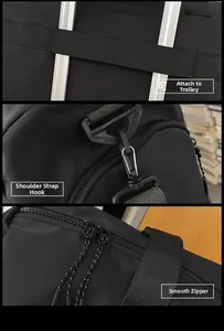 Travel bag details showing trolley sleeve, strap hooks, and smooth double zipper features