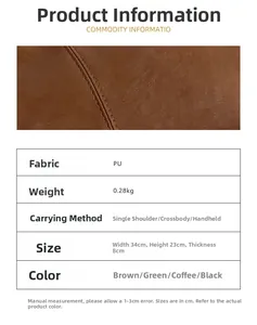 Detail view of brown PU leather texture and sizing chart for the minimalist hobo bag