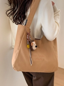 Retro canvas bucket tote bag with C'est la vie embroidery and cute plush charms