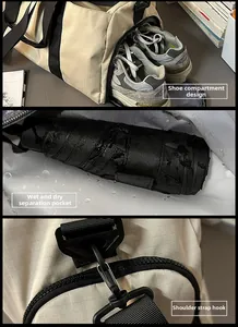 Detail view of travel bag featuring shoe compartment, wet-dry pocket and metal strap hook