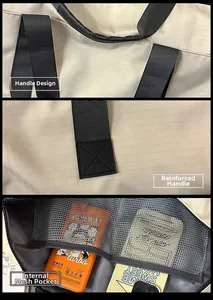 Detail of reinforced handles and internal mesh pocket on travel duffel bag