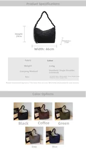 Detailed size chart and dimensions for the quilted tote bag with five color options
