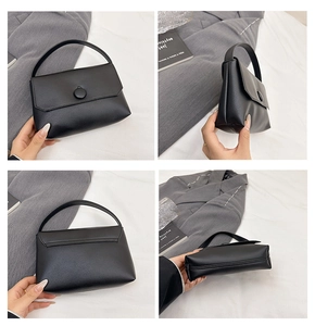 Detail view showing four angles of a black matte PU leather handbag with round buckle