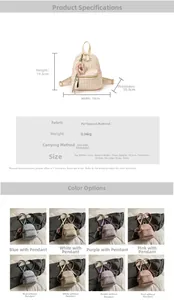 Size guide and specs for the tweed mini backpack showing dimensions and color options