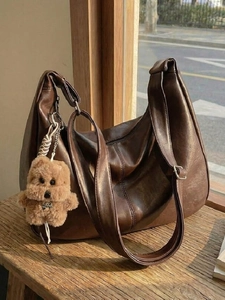 Retro PU Leather Hobo Shoulder Bag For Women Large Capacity Handbag With Plush Bear Pendant Casual Underarm Bag Fashion Tote