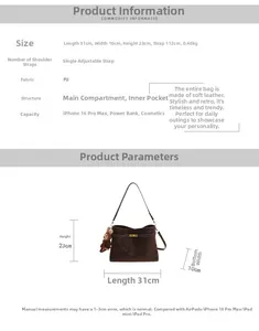 Spécifications de taille du sac cabas marron vintage montrant la capacité interne