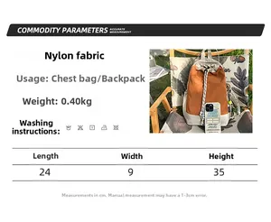 Tabella taglie zaino in nylon con dimensioni 24x9x35cm e istruzioni per la manutenzione
