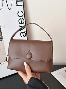 Minimalist dark brown litchi pattern leather handbag with flap cover and round buckle