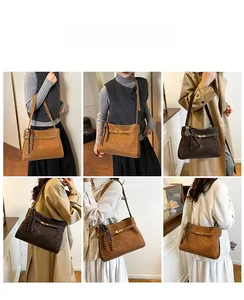 Collage of model styling a matte brown tote bag with woven strap for autumn outfits