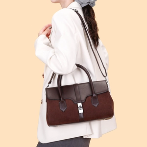Retro brown contrast flocking tote bag with silver twist lock and dual handles for women