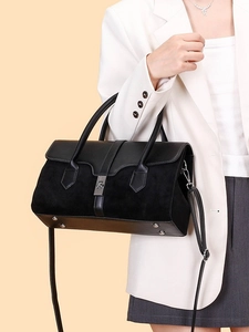 Retro black matte suede and leather handbag with silver lock and adjustable shoulder strap