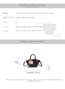Size guide for brown PU bucket bag with dimensions 16x16x6cm and adjustable strap