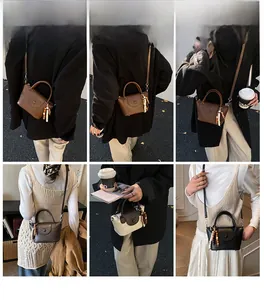 Detailed shots of soft leather crossbody bags in brown, black and cream with bead tassel