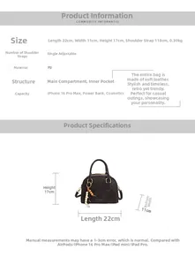 Size guide for PU handbag showing 22x11x17cm dimensions and adjustable strap detail
