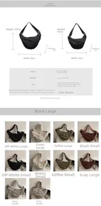 Size chart and color options for large and small nylon crossbody dumpling bags