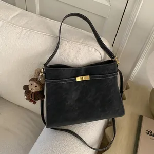 Sac à Main Vintage en Cuir PU pour Femme Sac Cabas Grande Capacité Hobo avec Surpiqûres Contrastées Breloque Animale Serrure Or