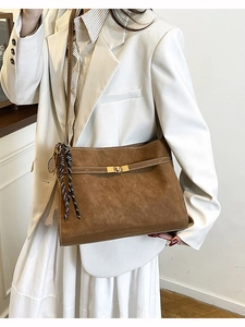 Mocha brown frosted tote bag with gold swivel clasp and stylish striped ribbon detail