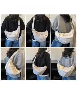 Multi-angle view of large beige crossbody dumpling bag shown on a model from six perspectives