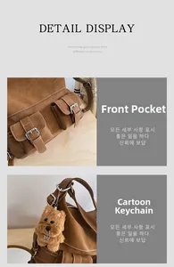 Close-up of front pockets with metal buckles and a cute plush teddy charm on brown backpack