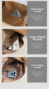 Detail of caramel faux leather bag featuring multiple zipper pockets and branded lining