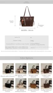 Detailed size chart for the PU leather tote bag with dimensions and multiple color options