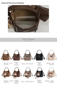 Detail view of lychee pattern leather bucket bag and interior pouch in various colors