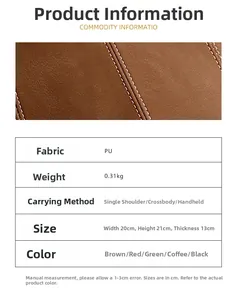 Detailed chart showing bucket bag size 20x21x13cm and premium brown PU leather texture
