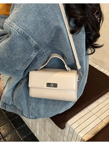 Close-up of beige square handbag with silver twist lock and detachable shoulder strap