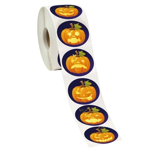 Halloween pumpkin stickers roll with diverse Jack-o'-lantern faces on dark background