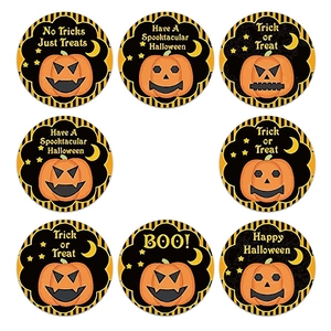 Set of 8 round Halloween stickers with pumpkin face designs and festive slogans