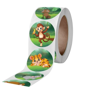 Roll of cartoon animal reward stickers featuring monkeys and elephants for school kids