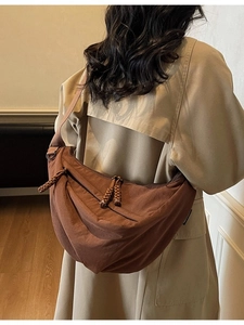 Brown nylon crescent crossbody bag for women, large capacity stylish casual shoulder bag