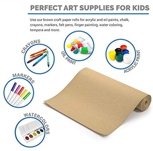 Detail of white kraft paper roll showing compatibility with paints, crayons, and markers