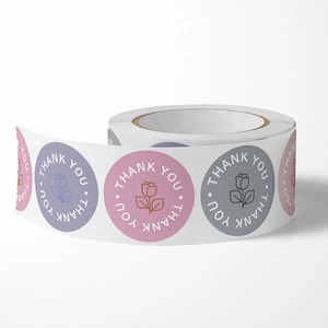 Floral Thank You stickers in multi-color rolls with elegant minimalist rose designs