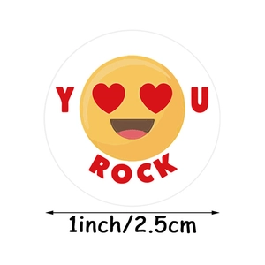 1 inch reward sticker with yellow heart-eyes smiley face and You Rock text for kids