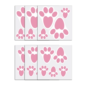 Set of 6 pink rabbit foot Happy Easter stickers with various animal paw print designs