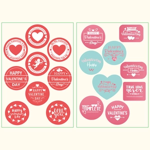 Two sheets of Valentine's Day stickers with hearts and festive quotes in red and pink