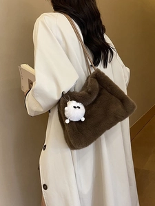Borsa a Secchiello in Pelliccia Sintetica da Donna Con Ciondolo Mostro Morbida Borsa a Tracolla in Peluche per Autunno Inverno