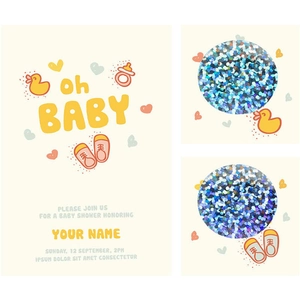 Holographic sequin baby shower invitation cards featuring cute yellow duck and oh baby design