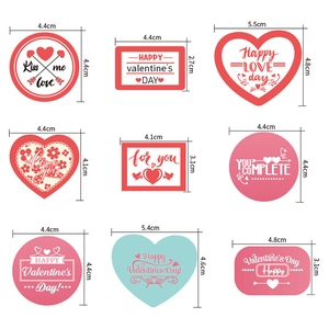 Various Valentine's Day heart and round stickers with dimensions shown on white background