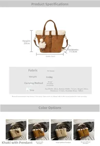 Detailed chart showing bucket bag dimensions and materials with brown faux fur trim