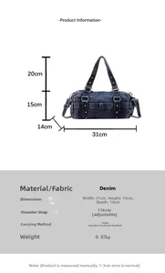 Tabella taglie dettagliata per borsa bowling in denim con dimensioni 31x15x14cm e manici