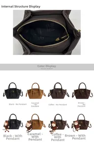 Detail view of suede bucket bag interior structure and multi-color display with charms