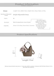 Detailed view of brown PU bucket bag dimensions and features with plush charm