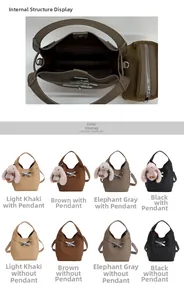 Detail view of bucket bag interior structure and multi-color lychee pattern texture options